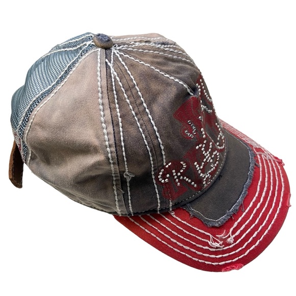 Y2K Vintage True Religion Jeans Rhinestone Mesh Trucker Hat TRBJ Grunge - Picture 2 of 15